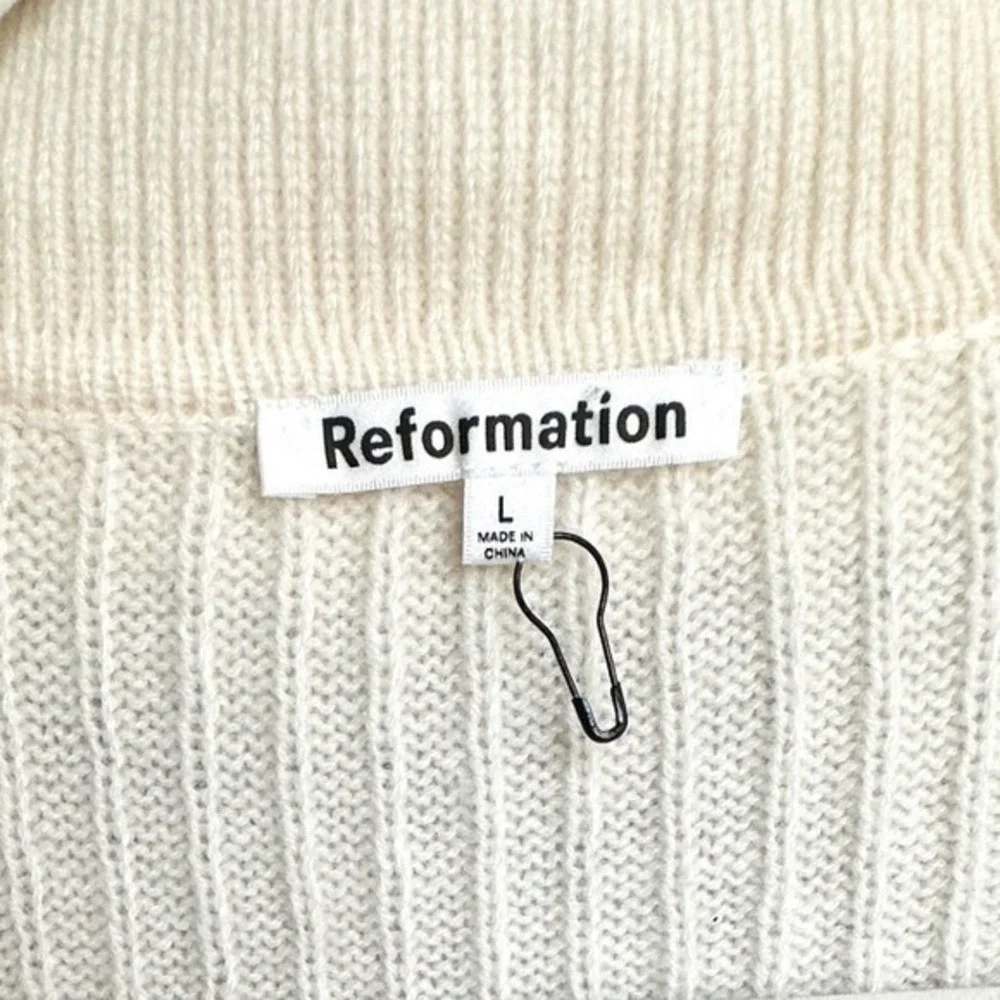 Reformation Sydney Cashmere Collared‎ Sweater Ribbed V Neck Ivory Size Large